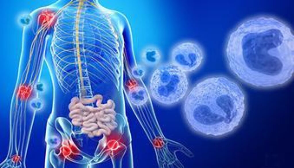 A digital illustration showing the human body with highlighted areas of inflammation, suggesting rheumatoid arthritis and other inflammatory diseases affecting joints and organs.