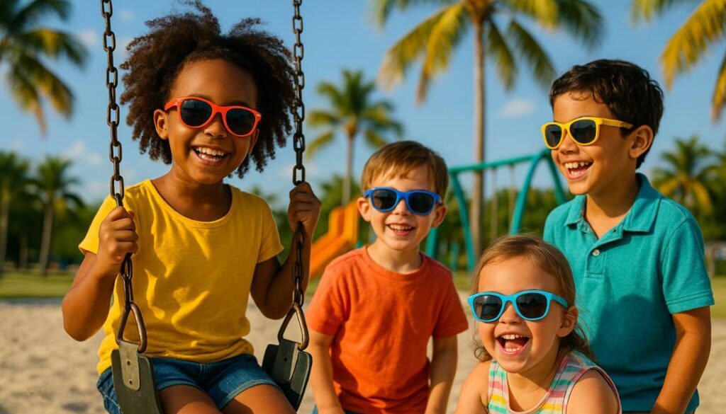 "Four diverse children wearing colorful UV-protective sunglasses laughing and playing outdoors on a sunny day in Tamarac, Florida, with palm trees and playground equipment in the background."