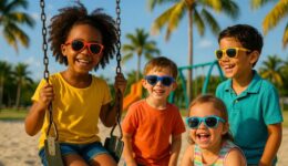 "Four diverse children wearing colorful UV-protective sunglasses laughing and playing outdoors on a sunny day in Tamarac, Florida, with palm trees and playground equipment in the background."