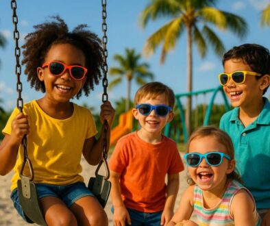 "Four diverse children wearing colorful UV-protective sunglasses laughing and playing outdoors on a sunny day in Tamarac, Florida, with palm trees and playground equipment in the background."
