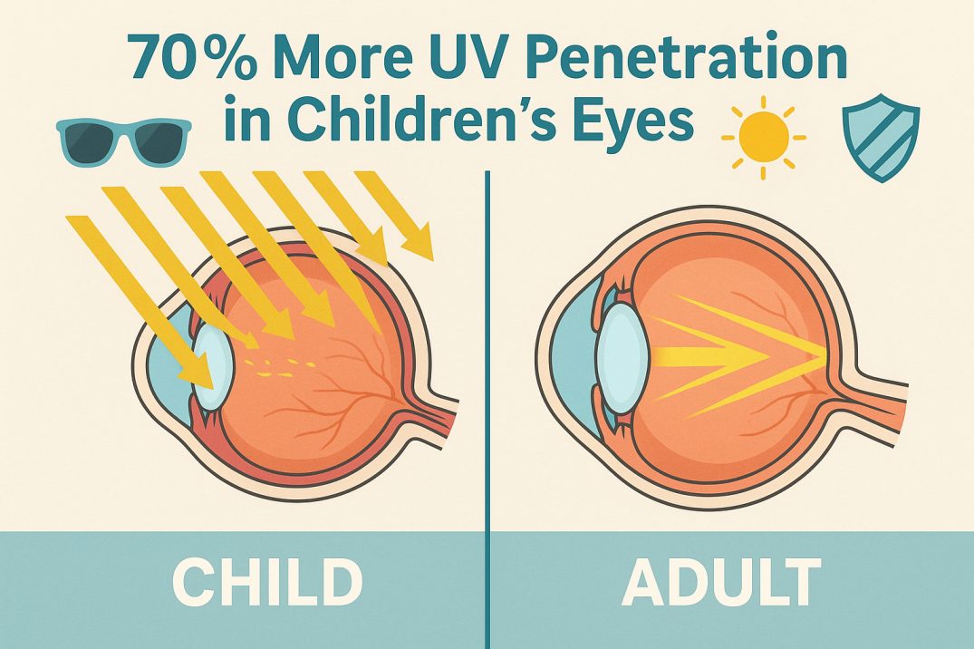 "Medical-style infographic showing a side-by-side comparison of UV ray penetration in a child's eye versus an adult's eye. Yellow rays penetrate deeper into the child’s eye on the left, with text '70% More UV Penetration in Children’s Eyes' above and icons of sunglasses, a sun, and a shield."