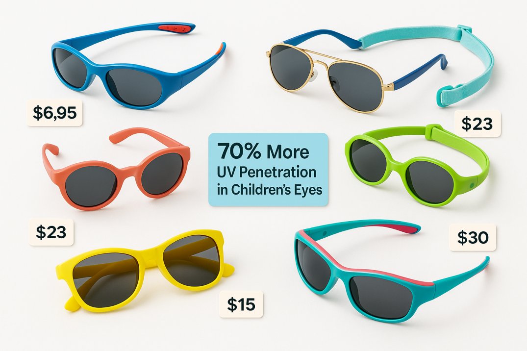 "E-commerce style layout of six pairs of colorful children's sunglasses on a white background, each with visible price tags ranging from $6.95 to $30, including styles like wraparound, aviators, and toddler frames with straps. A central label reads '70% More UV Penetration in Children’s Eyes.'"