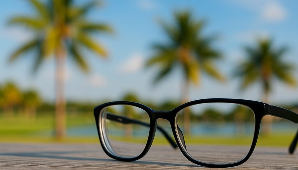 Black eyeglasses resting on a wooden surface with blurred palm trees and a bright blue sky in the background, symbolizing eye health in a sunny climate.