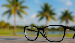 Black eyeglasses resting on a wooden surface with blurred palm trees and a bright blue sky in the background, symbolizing eye health in a sunny climate.