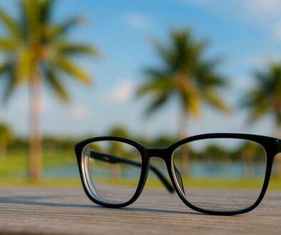 Black eyeglasses resting on a wooden surface with blurred palm trees and a bright blue sky in the background, symbolizing eye health in a sunny climate.