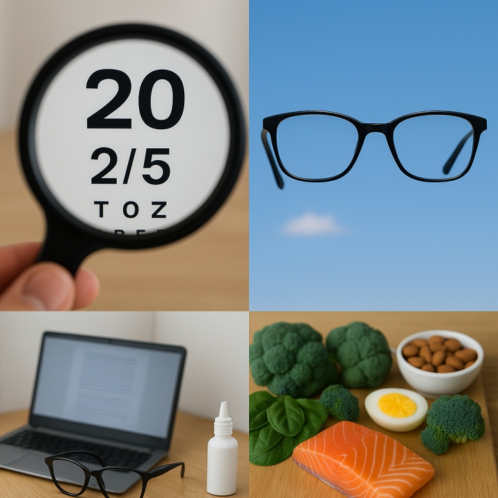 A collage of vision care essentials: a Snellen eye chart through a magnifying glass, black eyeglasses against a blue sky, a laptop with eye drops and glasses, and a variety of nutrient-rich foods including salmon, spinach, egg, and almonds. 