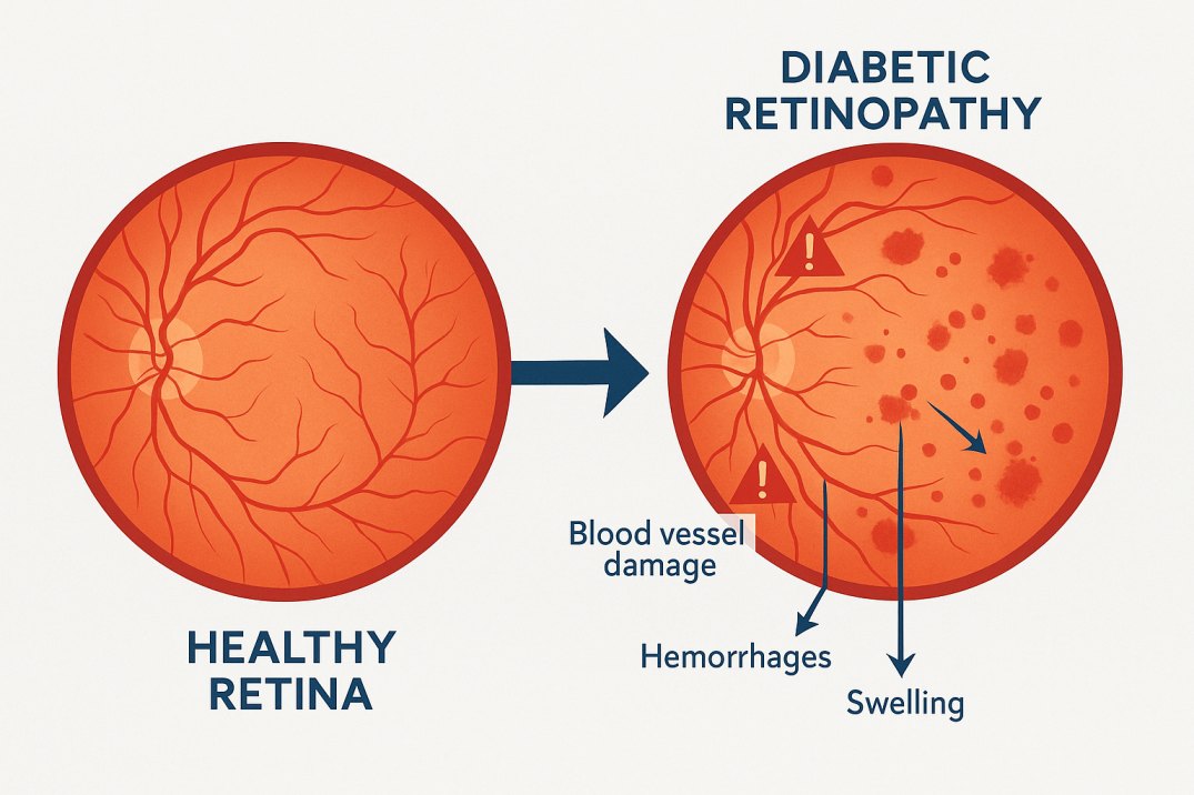 Medical illustration comparing a healthy retina on the left with a retina affected by diabetic retinopathy on the right. The healthy side shows normal blood vessels, while the affected side displays blood vessel damage, hemorrhages, and swelling, highlighted by arrows and warning symbols.
