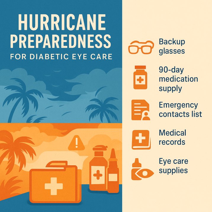 Square graphic divided into two sections: left side features hurricane imagery with palm trees, storm clouds, and emergency medical icons in orange and blue; right side lists a diabetic eye care checklist with icons and checkboxes for backup glasses, 90-day medication supply, emergency contacts list, medical records, and eye care supplies. 