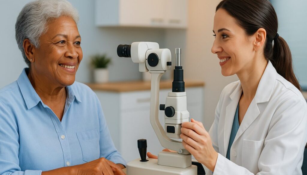 A senior African American woman smiles comfortably during an eye exam with a friendly female optometrist in a bright, modern medical office. The doctor uses advanced diagnostic equipment while subtle Medicare and insurance paperwork can be seen in the background. The setting features calming blues, whites, and warm lighting, conveying trust and professional care.