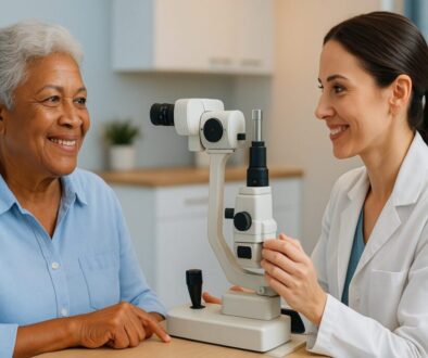 A senior African American woman smiles comfortably during an eye exam with a friendly female optometrist in a bright, modern medical office. The doctor uses advanced diagnostic equipment while subtle Medicare and insurance paperwork can be seen in the background. The setting features calming blues, whites, and warm lighting, conveying trust and professional care.
