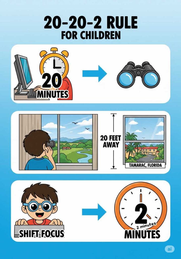 20-20-2 rule visual guide showing child taking 2-minute breaks every 20 minutes to look 20 feet away preventing digital eye strain 