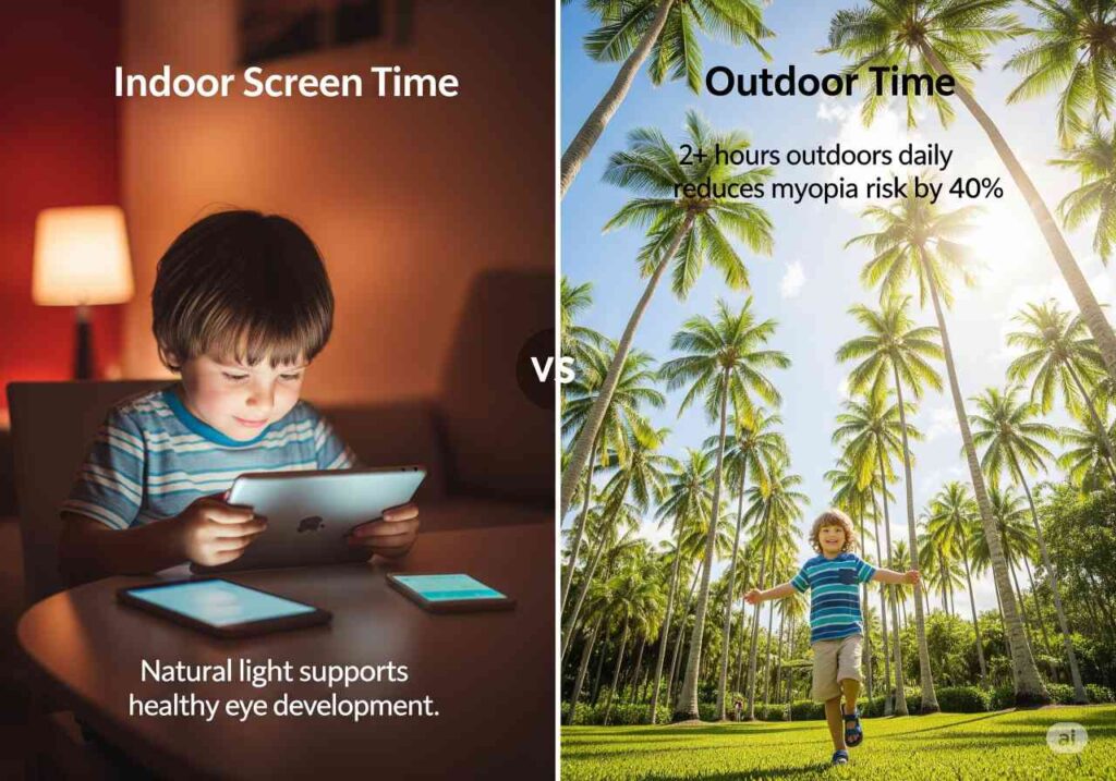 Comparison chart showing outdoor activity benefits for children's vision versus indoor screen time risks, featuring South Florida outdoor scenes 