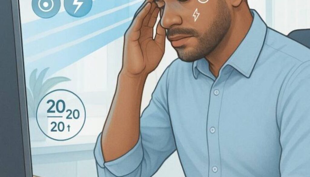 Professional woman experiencing digital eye strain while working on computer, demonstrating symptoms of computer vision syndrome in modern office environment