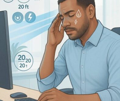 Professional woman experiencing digital eye strain while working on computer, demonstrating symptoms of computer vision syndrome in modern office environment