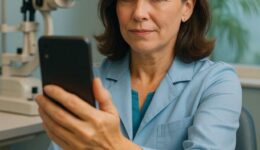 Person experiencing vision changes after 40 holding smartphone at arm's length due to presbyopia in West Broward eye care office