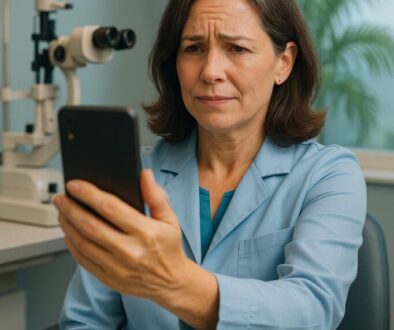 Person experiencing vision changes after 40 holding smartphone at arm's length due to presbyopia in West Broward eye care office