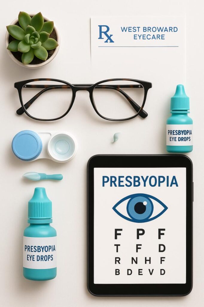 Comprehensive presbyopia treatment options including eye drops, progressive lenses, and multifocal contacts available at West Broward Eyecare