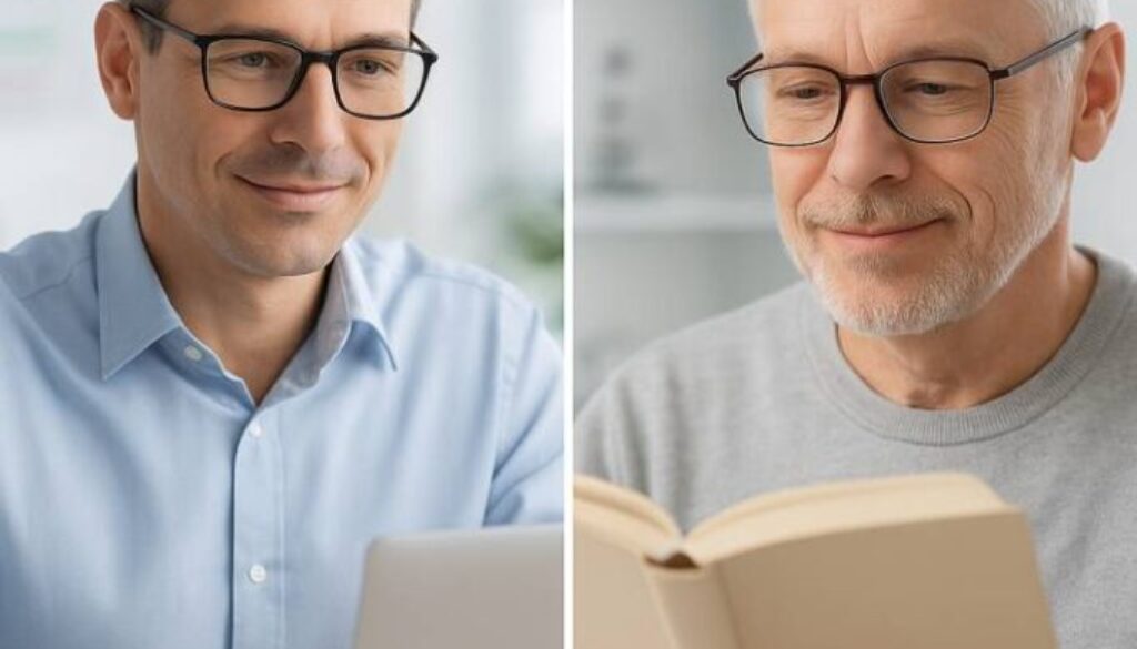 Split-screen comparison showing progressive lenses versus bifocals - modern professional wearing line-free progressive glasses while using laptop on left, mature adult wearing traditional bifocals while reading on right, in clean optometry clinic setting