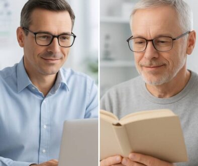 Split-screen comparison showing progressive lenses versus bifocals - modern professional wearing line-free progressive glasses while using laptop on left, mature adult wearing traditional bifocals while reading on right, in clean optometry clinic setting