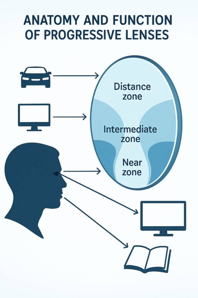 Detailed diagram of progressive lens zones showing distance, intermediate, and near vision areas with smooth transitions, illustrated with sight lines from eye to various objects at different distances