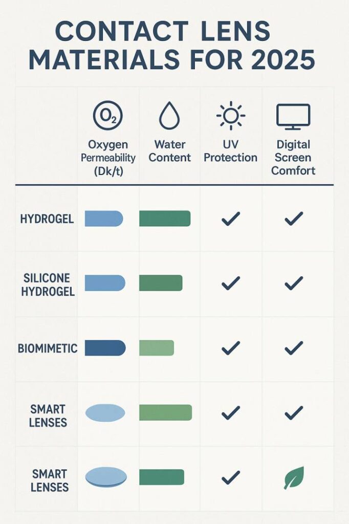 Infographic comparing hydrogel, silicone hydrogel, and biomimetic contact lens materials based on comfort, oxygen flow, and environmental impact.