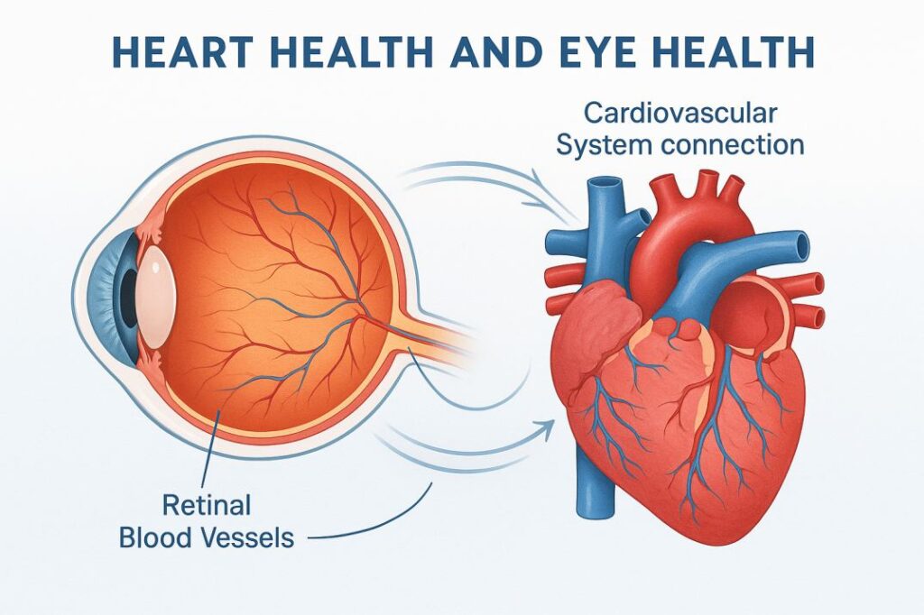 Medical illustration showing the connection between retinal blood vessels in the eye and cardiovascular system, demonstrating how eye exams can detect early signs of heart disease in seniors