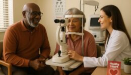 Senior couple receiving comprehensive eye examination at West Broward Eyecare Associates in Tamarac, Florida, with eye doctor using advanced diagnostic equipment to detect heart disease through eye health screening