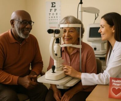 Senior couple receiving comprehensive eye examination at West Broward Eyecare Associates in Tamarac, Florida, with eye doctor using advanced diagnostic equipment to detect heart disease through eye health screening