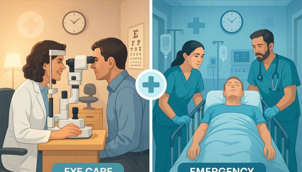 Split comparison showing eye doctor clinic vs hospital emergency room for eye emergencies in Tamarac