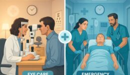 Split comparison showing eye doctor clinic vs hospital emergency room for eye emergencies in Tamarac
