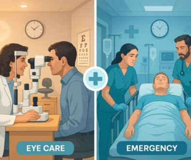 Split comparison showing eye doctor clinic vs hospital emergency room for eye emergencies in Tamarac