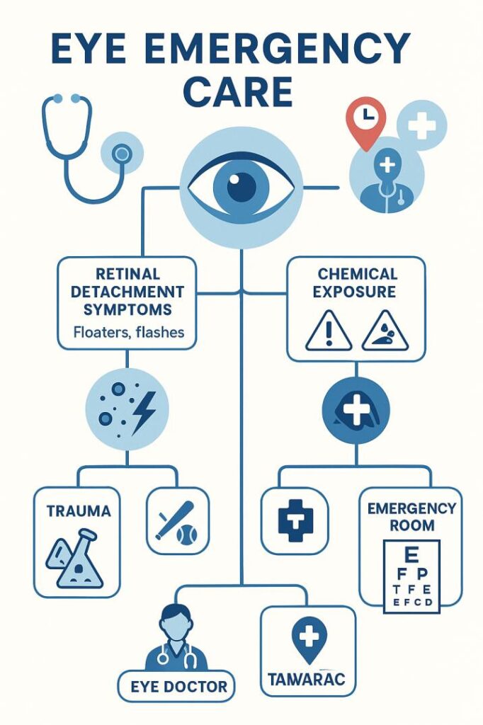 Eye emergency decision flowchart showing when to choose urgent eye care vs emergency room in Tamarac