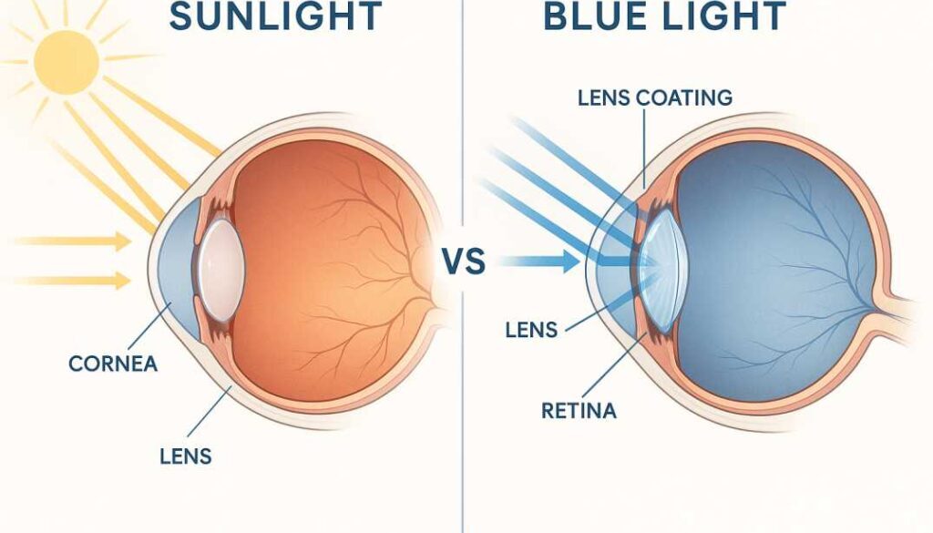 Scientific illustration comparing natural sunlight and digital blue light exposure to human eye anatomy, showing blue light lens filtering technology for Tamarac families.