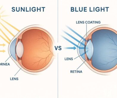 Scientific illustration comparing natural sunlight and digital blue light exposure to human eye anatomy, showing blue light lens filtering technology for Tamarac families.