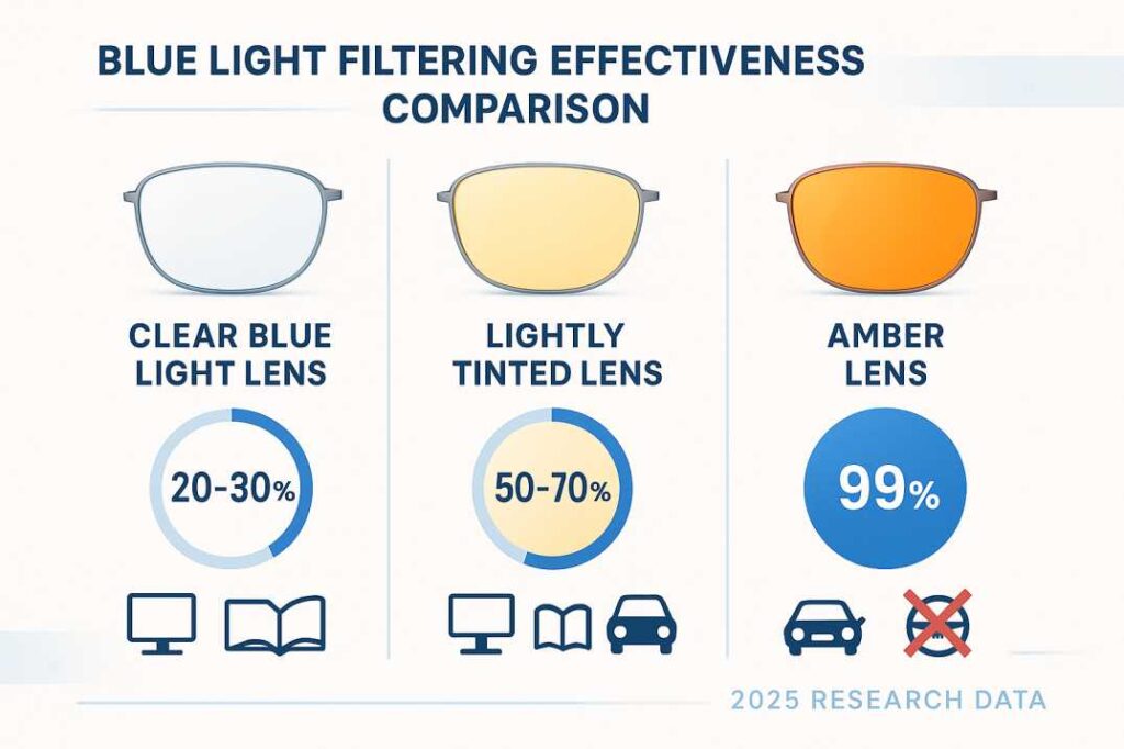 Blue light lens filtering effectiveness comparison chart showing 20-30% clear lens, 50-70% tinted lens, and 99% amber lens filtration rates based on 2025 research data.