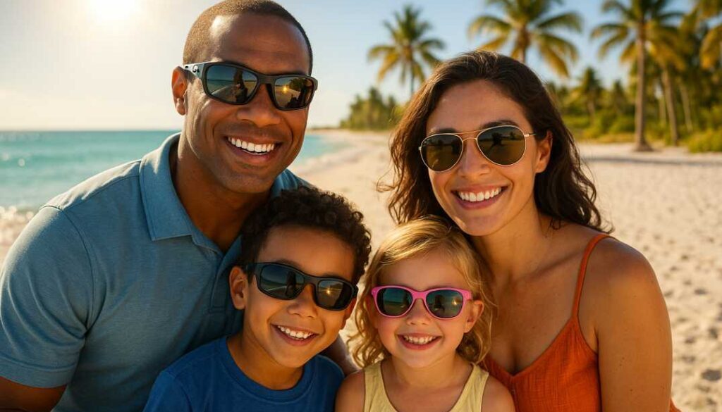 Florida family wearing UV protection sunglasses on sunny beach with white sand and palm trees, demonstrating proper eye protection from intense Florida sun.