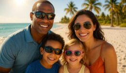 Florida family wearing UV protection sunglasses on sunny beach with white sand and palm trees, demonstrating proper eye protection from intense Florida sun.