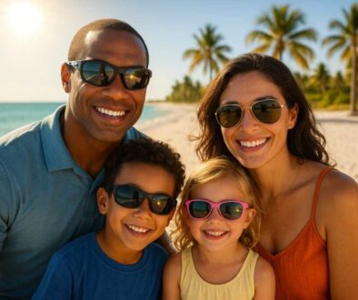 Florida family wearing UV protection sunglasses on sunny beach with white sand and palm trees, demonstrating proper eye protection from intense Florida sun.