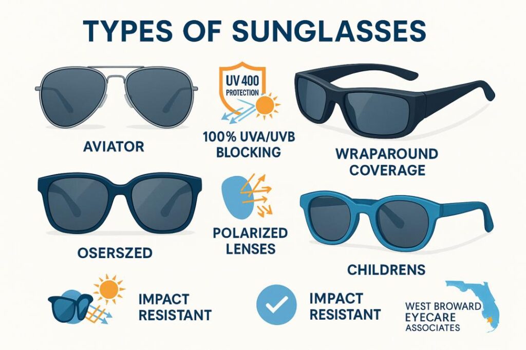 Educational diagram showing different types of UV protection sunglasses with labeled features including UV400 protection, polarized lenses, and wraparound coverage for Florida eye safety.