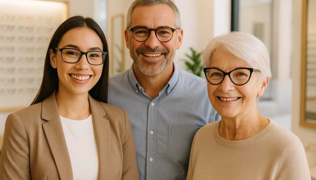 Diverse group of people wearing different eyeglass frame styles that complement their face shapes at West Broward Eyecare Associates.