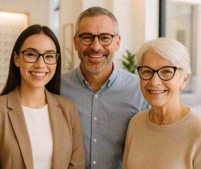 Diverse group of people wearing different eyeglass frame styles that complement their face shapes at West Broward Eyecare Associates.