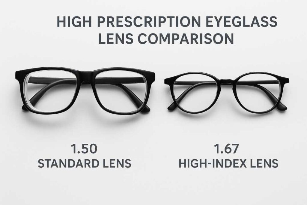 Comparison of thick standard prescription lenses versus thin high-index lenses in proper frames for high prescription eyewear