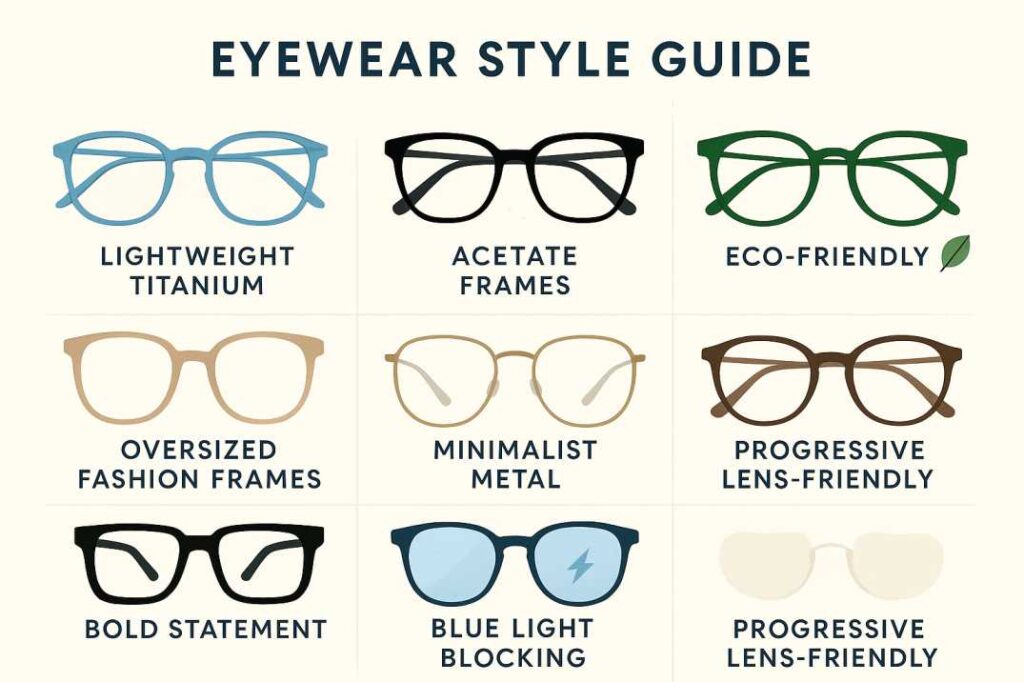 Educational infographic showing eight types of eyeglass frames, including titanium, acetate, eco-friendly, oversized fashion, minimalist metal, bold statement, blue light blocking, and progressive lens-friendly designs, each labeled with icons and colors for easy comparison.