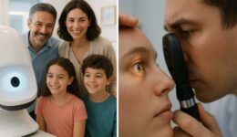 Comparison of modern retinal imaging technology and traditional dilated eye examination techniques showing family-friendly eye care options at West Broward Eyecare Associates