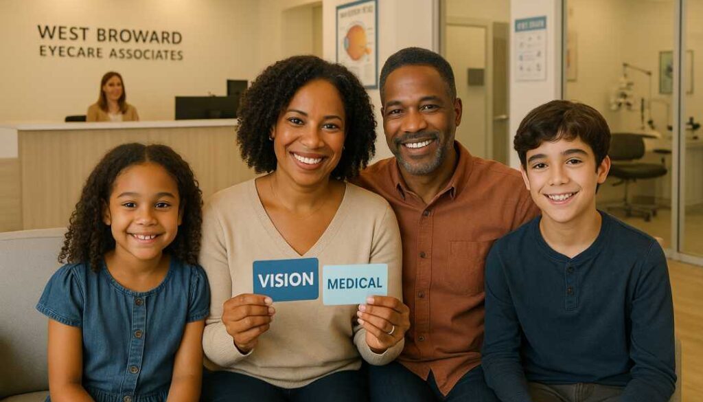 Tamarac family consulting with West Broward Eyecare Associates about vision insurance versus medical insurance coverage for comprehensive eye care