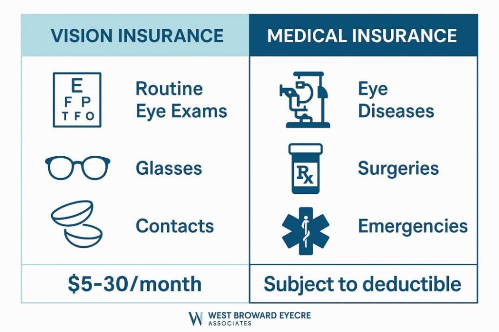 Infographic comparing vision insurance benefits (routine care, glasses, contacts) versus medical insurance benefits (eye diseases, surgery, emergencies) for Tamarac residents