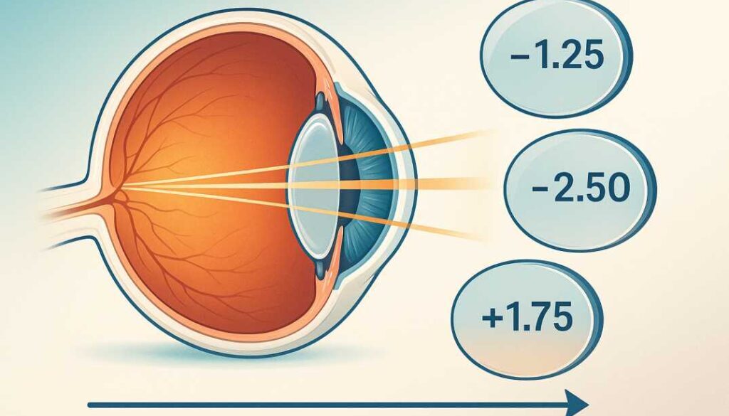 Medical illustration depicting how light focuses in the eye with different prescription strengths, showing the natural progression of vision changes over time