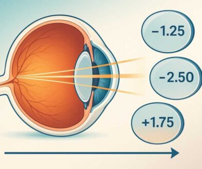 Medical illustration depicting how light focuses in the eye with different prescription strengths, showing the natural progression of vision changes over time