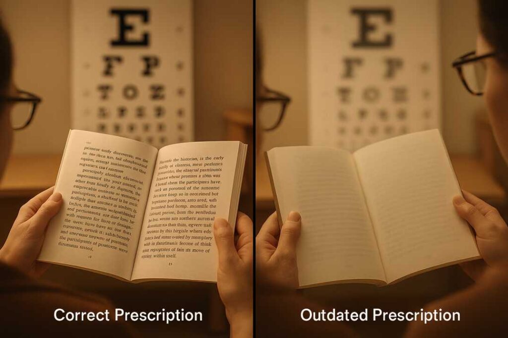 Side-by-side comparison demonstrating clear vision with proper prescription versus blurry vision with outdated glasses prescription