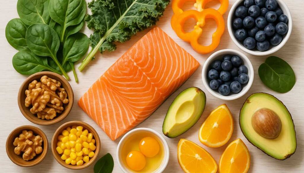 Colorful array of eye-healthy foods including salmon, leafy greens, orange bell peppers, blueberries, walnuts, and avocado arranged on white background - foods rich in omega-3s, lutein, zeaxanthin, and antioxidants for vision health